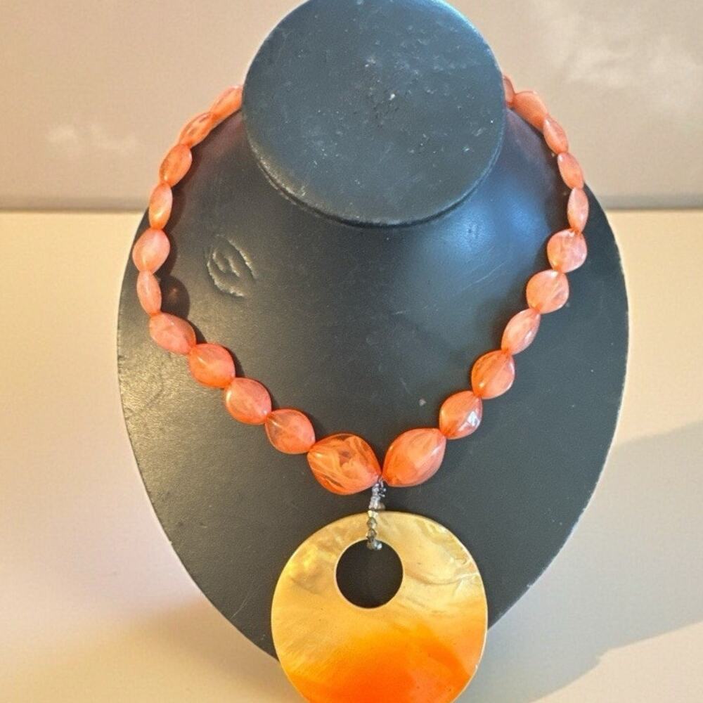 Orange Bead Necklace Mother Of Pearl Pendant Shell Clasp Necklace